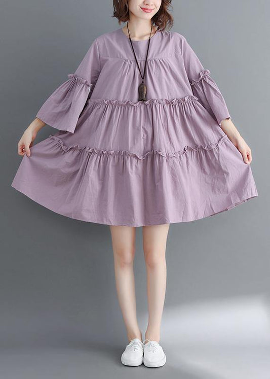 Modern o neck flare sleeve Cinched Cotton Women Photography purple Dress summer - SooLinen