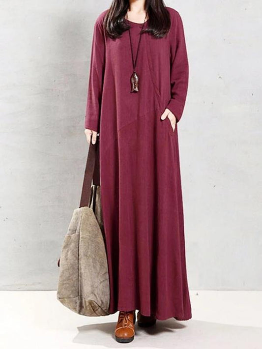 Modern o neck patchwork linen cotton spring Robes Runway burgundy Dress - SooLinen