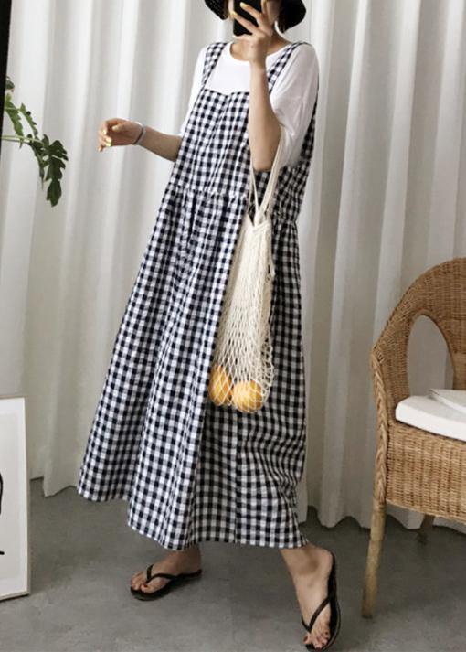 Modern plaid linen cotton quilting clothes Spaghetti Strap Cinched Kaftan Dress - SooLinen