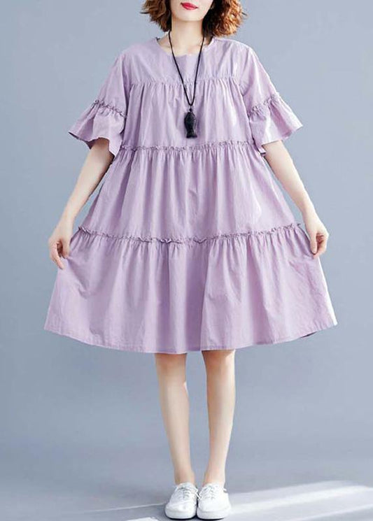 Modern purple Cotton quilting dresses o neck patchwork oversized summer Dresses - SooLinen