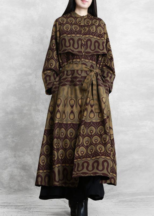 Modern purple print cotton Long Shirts o neck pockets A Line fall Dresses - SooLinen