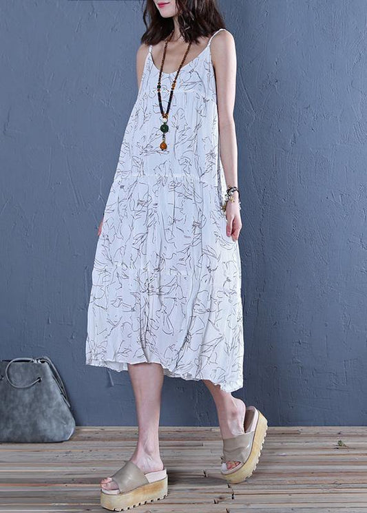 Modern white print cotton clothes For Women Spaghetti Strap Maxi Dress - SooLinen