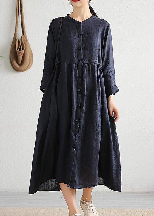 Modern Cinched pockets linen outfit Outfits navy Dress spring - SooLinen