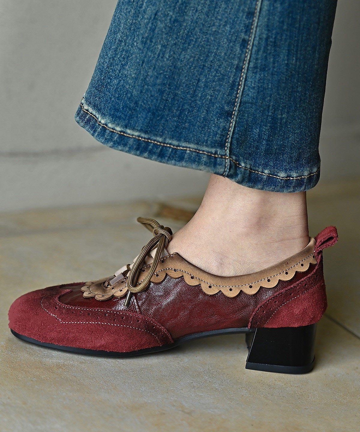 Mulberry Cowhide Leather Lace Up Splicing Chunky Heel Loafer Shoes