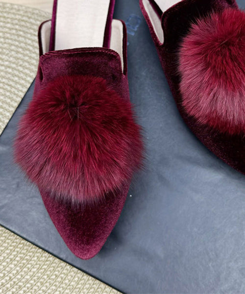 Mulberry Splicing Velour Slide Sandals Fuzzy Ball Decorated Pointed Toe