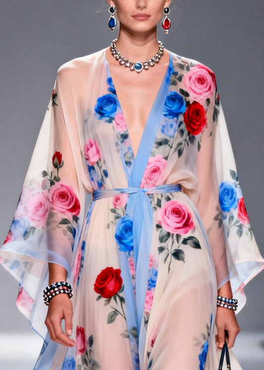 Multicolored Floral Print Chiffon Maxi Dress Tie Waist Summer