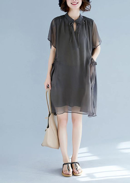 Mu stand collar pockets chiffon Women plus size Shirts khaki A Line Dress Summer - SooLinen