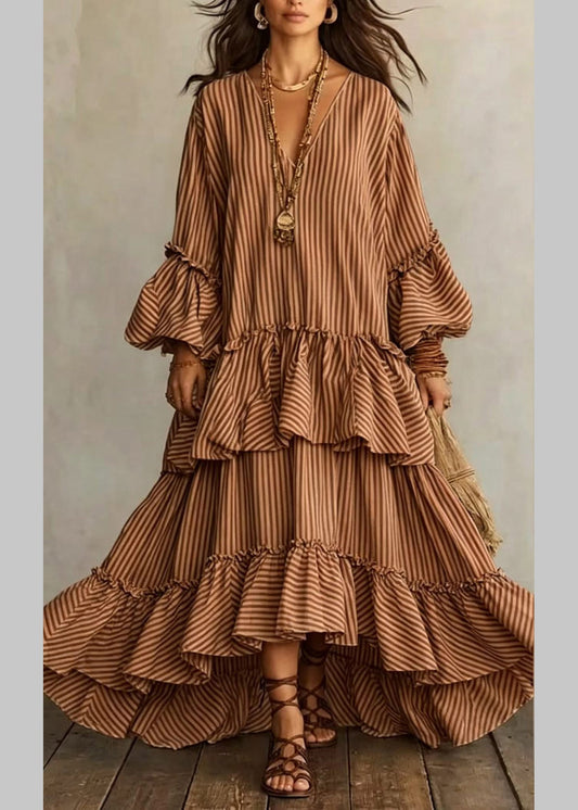 Natural Beige V Neck Asymmetrical Ruffled Long Striped Dress Puff Sleeve