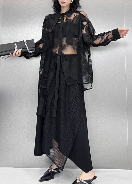 Natural Black Asymmetrical Print Tulle Shirt Top Summer