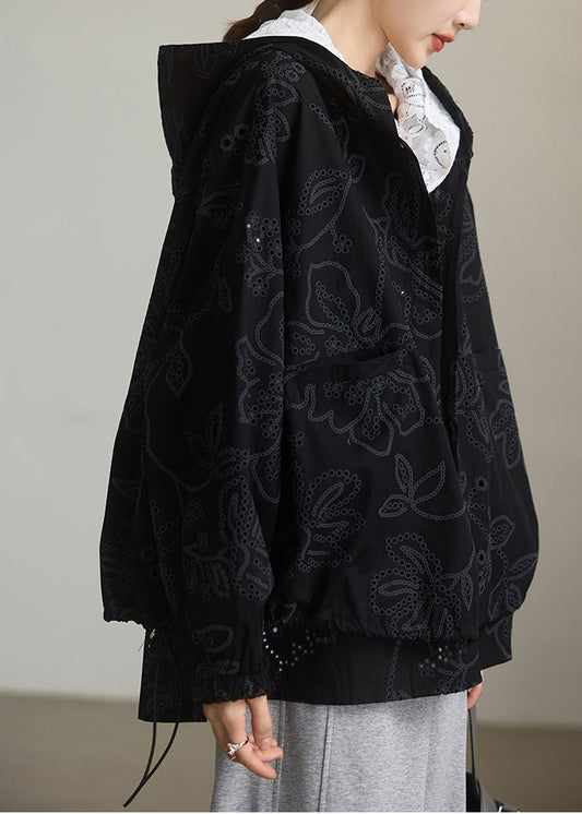 Natural Black Embroidered Cotton Hoodies Outwear Spring