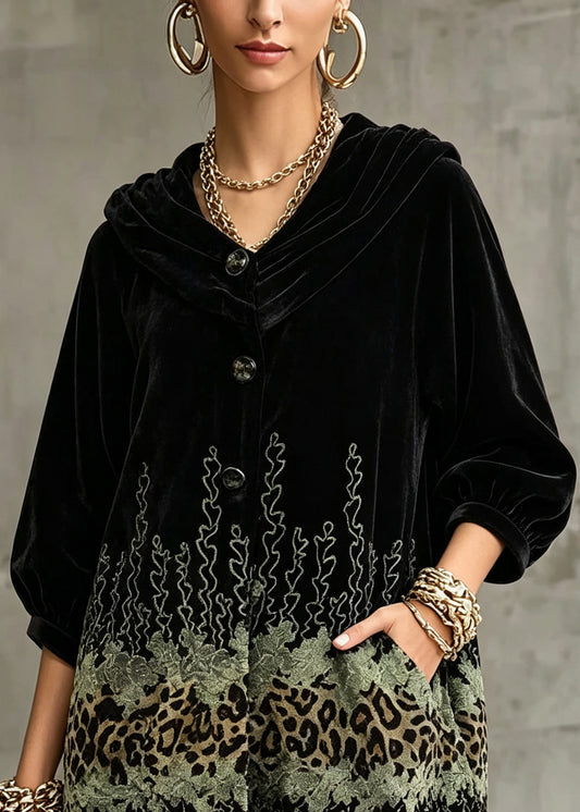 Natural Black Patchwork Button Silk Velvet Coats Fall