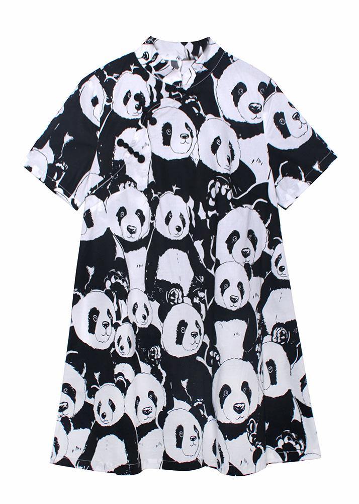 Natural Black Print A Line Long Dress Short Sleeve Cotton Summer - SooLinen