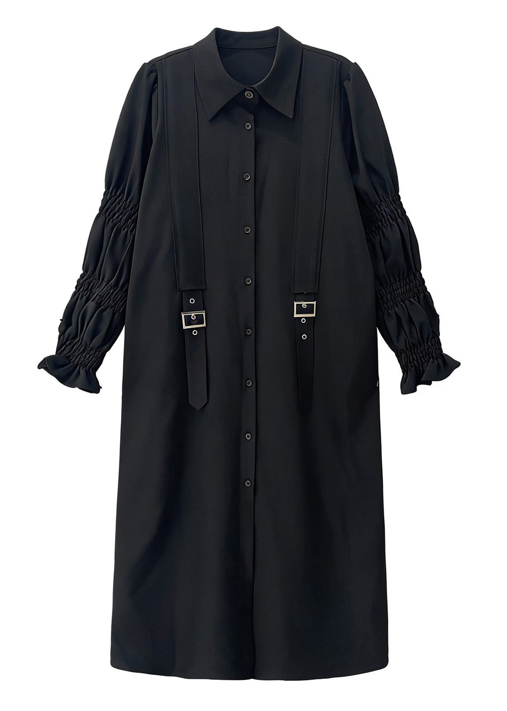 Natural Black Puff Sleeve Oversized Cotton Shirt Dress