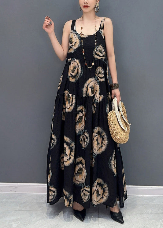 Natural Black U Neck Print Long Spaghetti Strap Dress Sleeveless