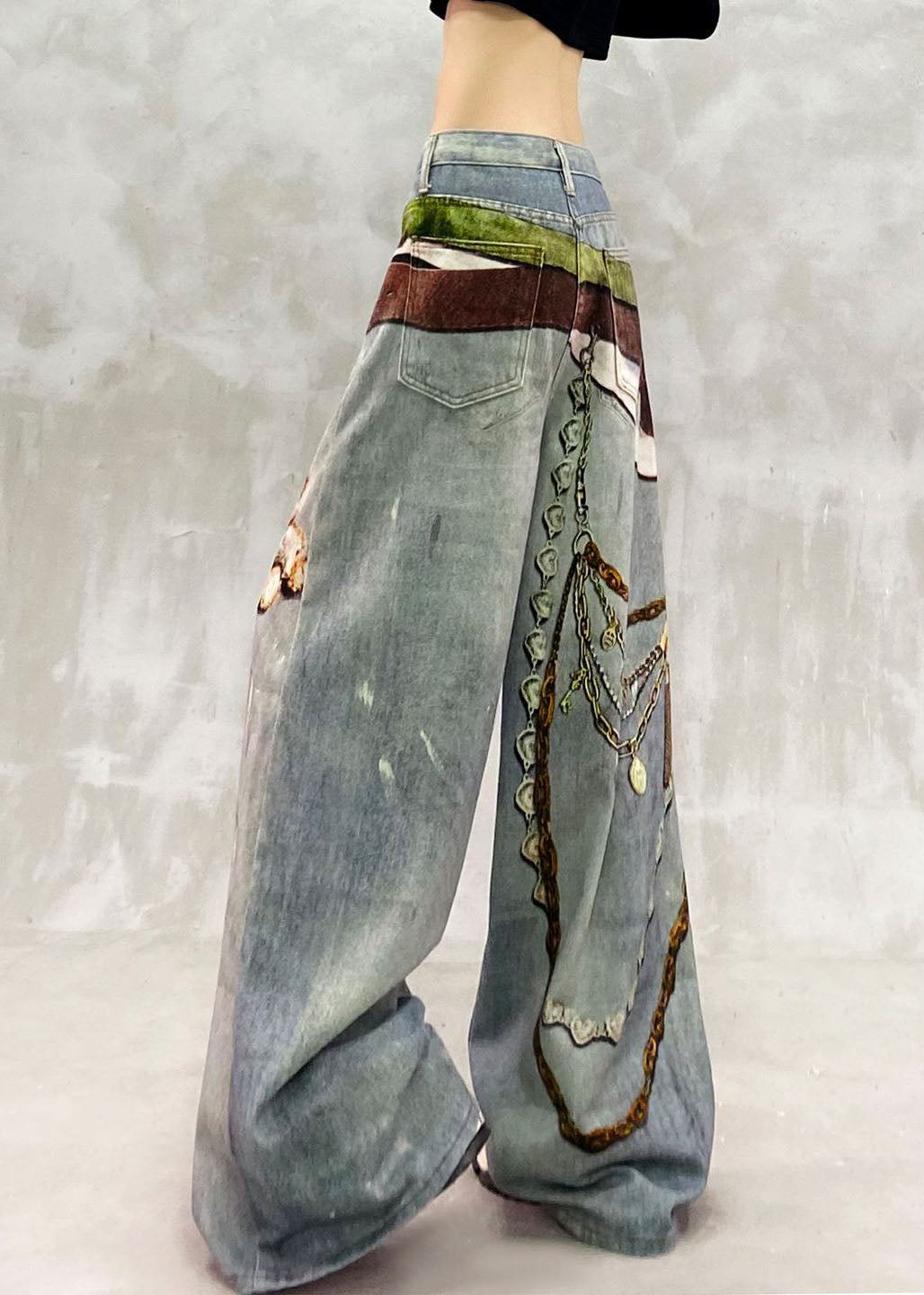 Natural Blue High Waist Print Draping Wide Leg Jeans