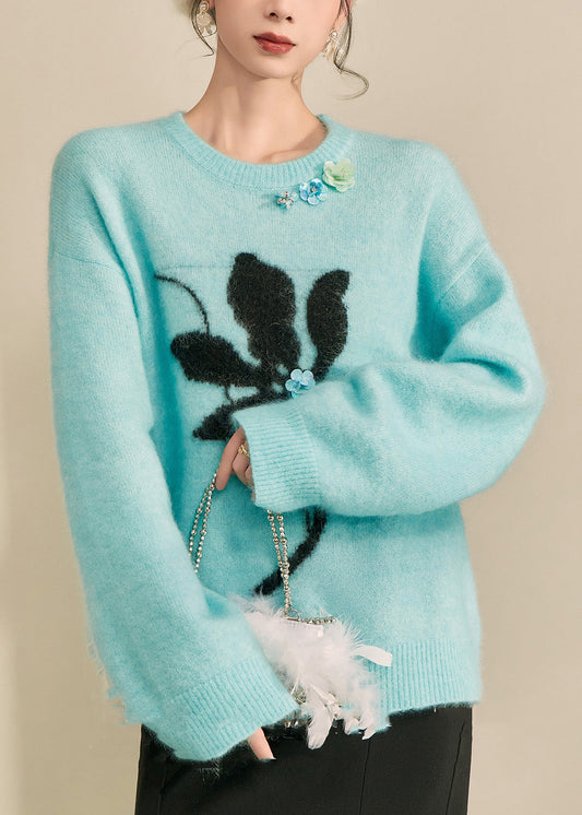 Natural Blue Print Cozy Cotton Knit Sweaters Spring