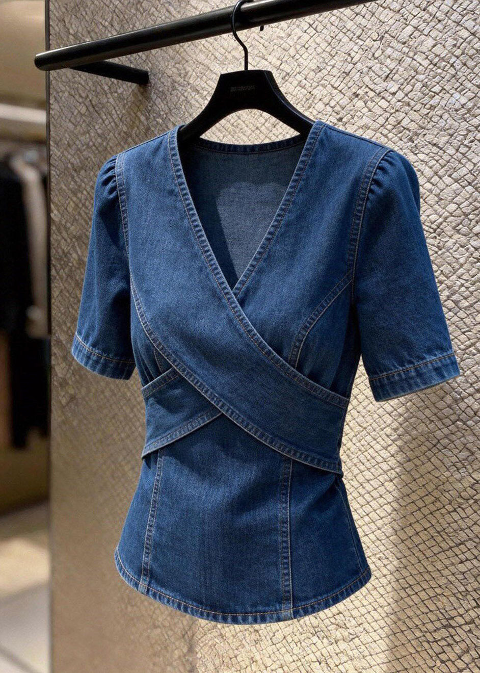 Natural Blue V Neck Patchwork Denim Shirt Summer