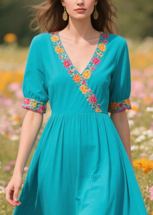 Natural Blue V Neck Print Cotton Vacation Dress Summer