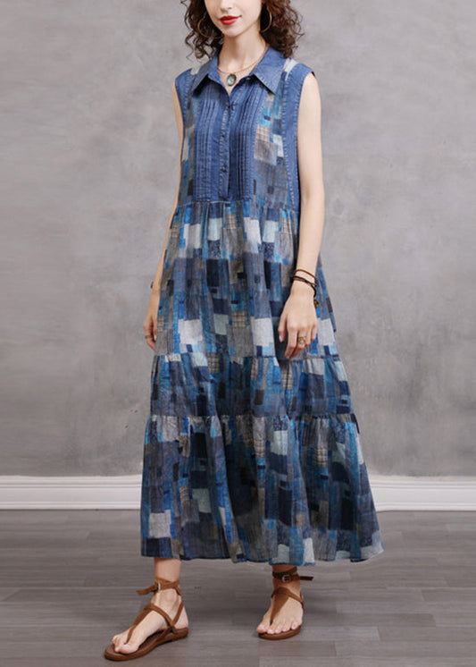 Natural Blue button Cinched Peter Pan Collar Plaid Patchwork Dress Sleeveless