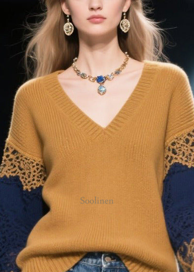Natural Brown V Neck Patchwork Lace Knit Pullover Winter