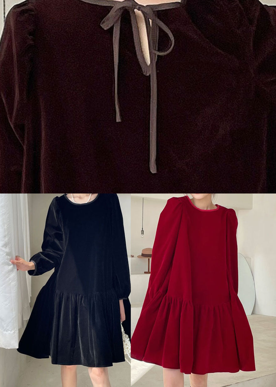 Natural Burgundy O-Neck Velour Casual Dress Winter