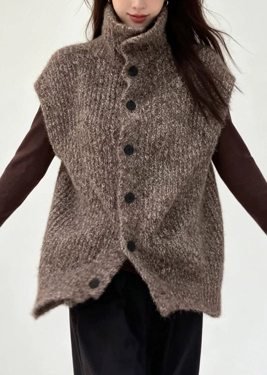 Natural Coffee Stand Collar Cotton Knit Waistcoat Short Sleeve