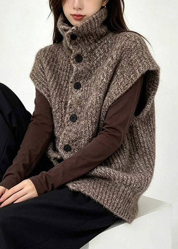 Natural Coffee Stand Collar Cotton Knit Waistcoat Short Sleeve