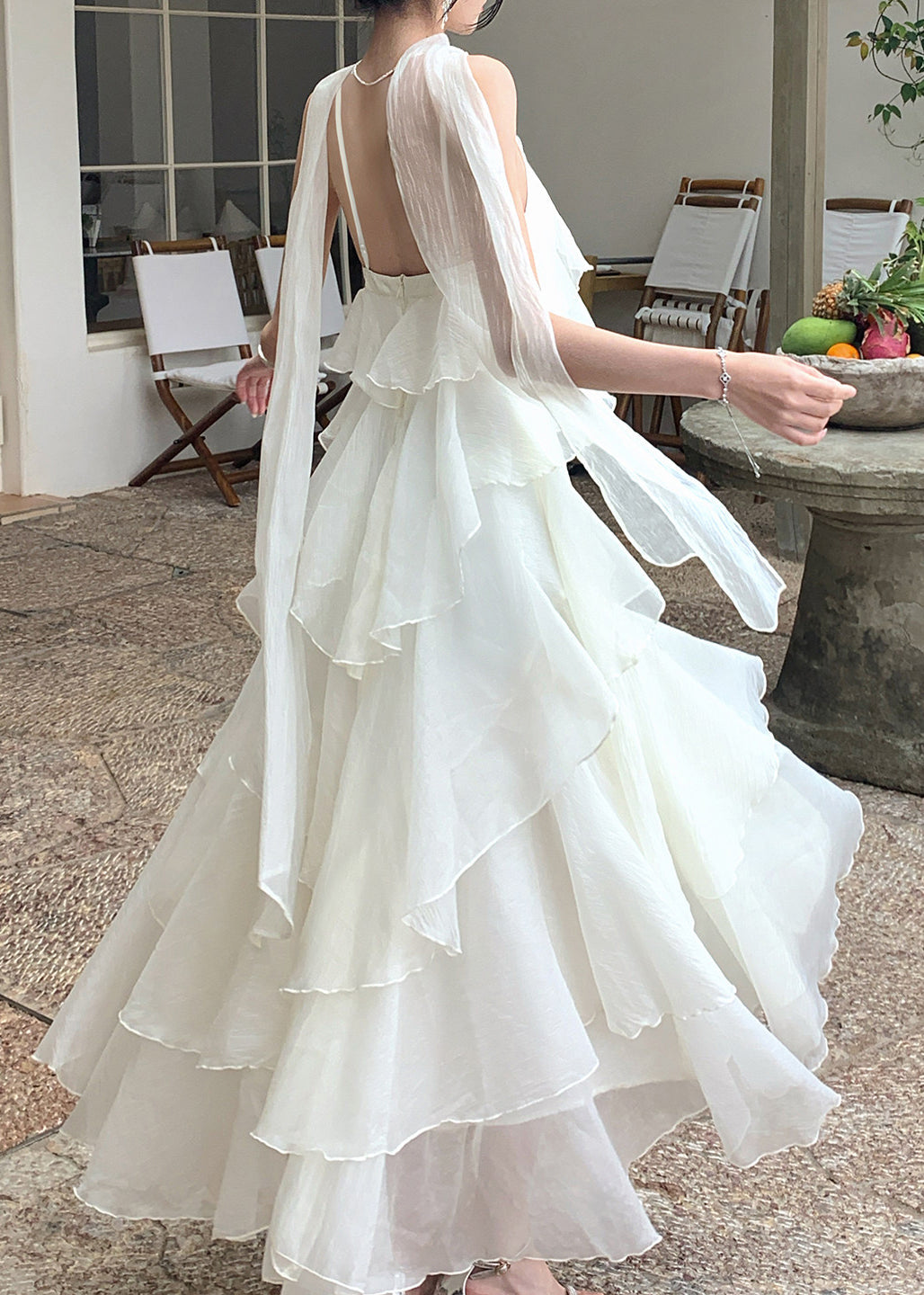 Natural Cold Shoulder Ruffled Long Dresses Sleeveless