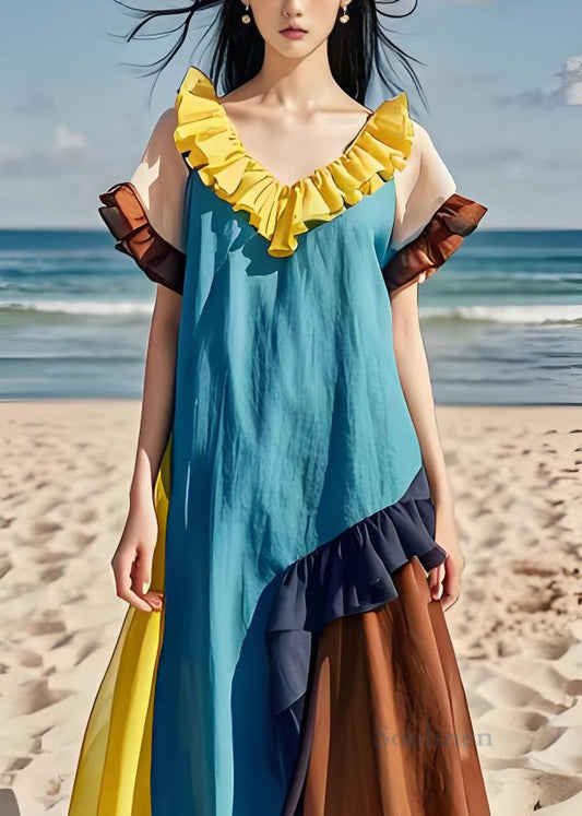 Natural Colorblock Ruffled Patchwork Cotton Dresses Summer