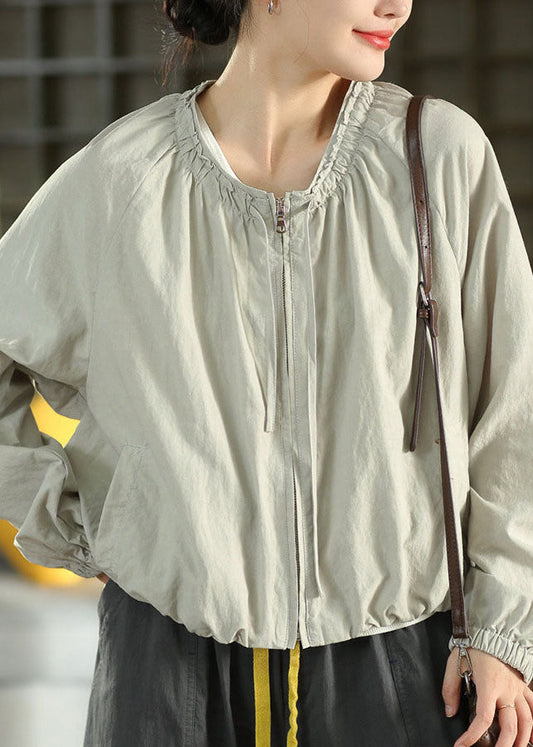 Natural Dark Grey O-Neck Zippered Ruffled Coats Fall