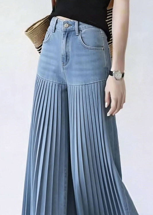 Natural Denim Blue Patchwork Wrinkled Crop Wide Leg Pants