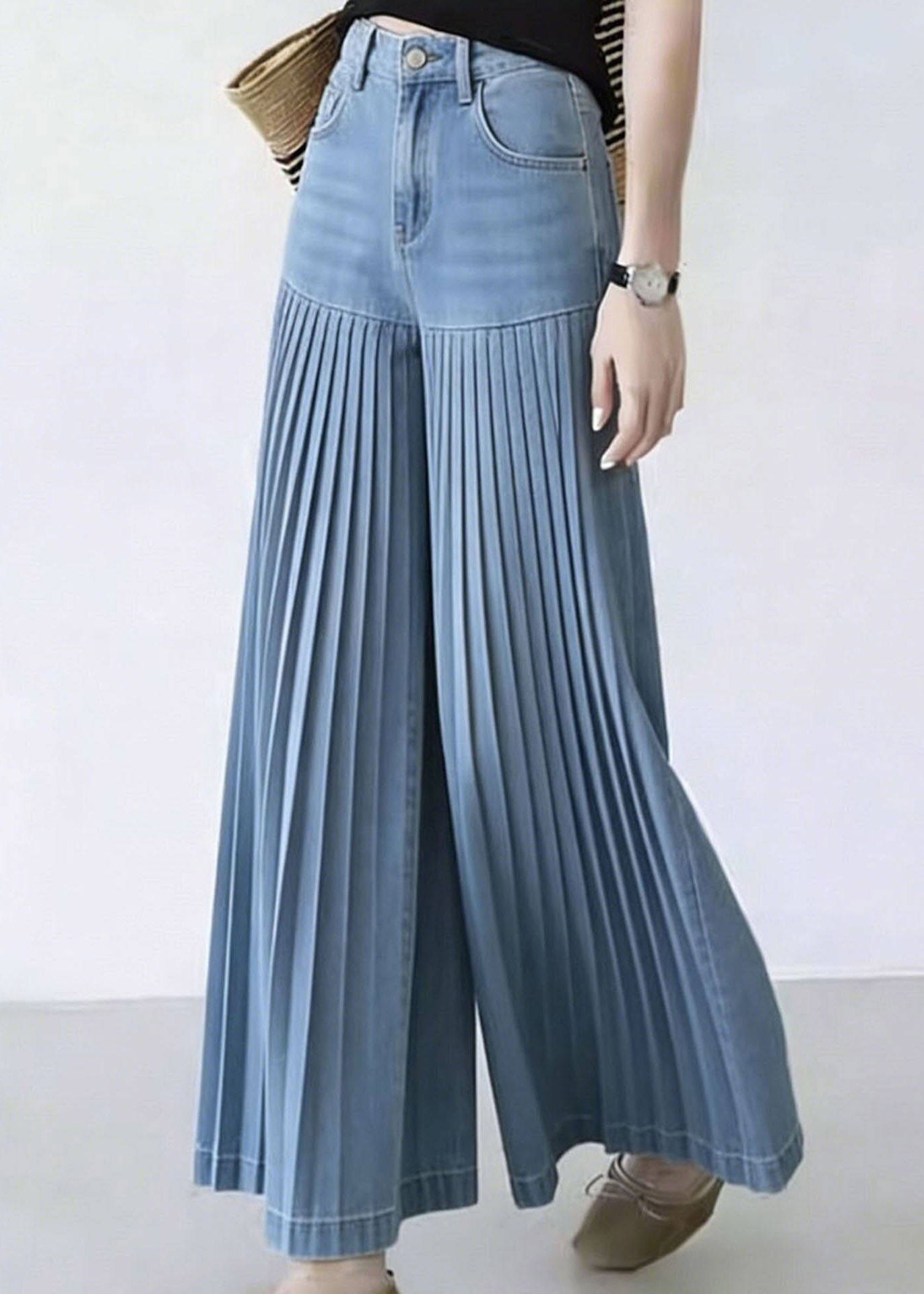 Natural Denim Blue Patchwork Wrinkled Crop Wide Leg Pants
