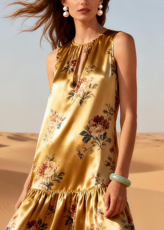 Natural Golden Asymmetrical Patchwork Print Linen Silk Maxi Dresses Sleeveless