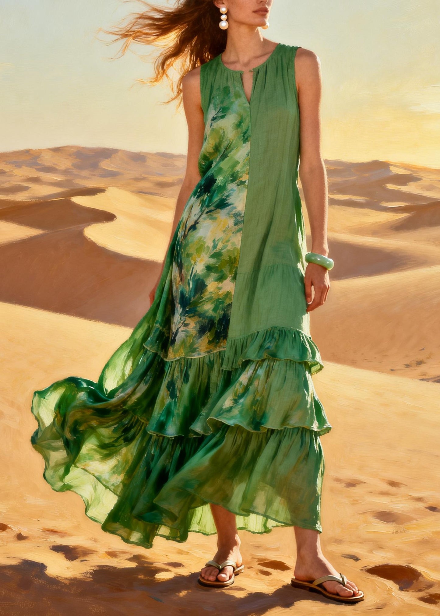 Natural Green Asymmetrical Patchwork Chiffon Long Dresses Summer