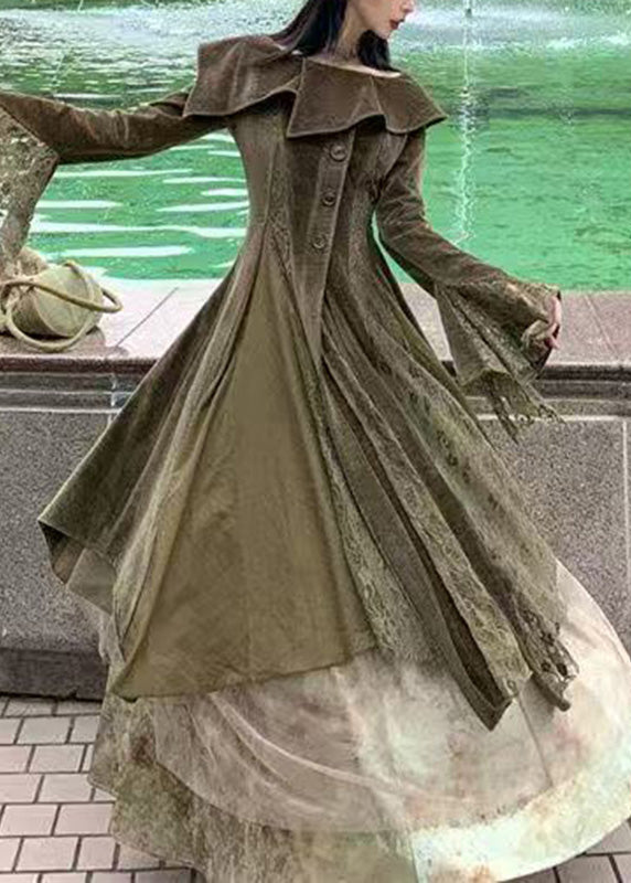 Natural Green Peter Pan Collar Lace Patchwork Long Dresses Flare Sleeve