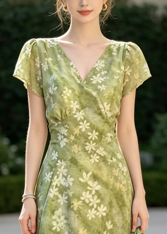 Natural Green V Neck Print Chiffon Vacation Dresses Summer
