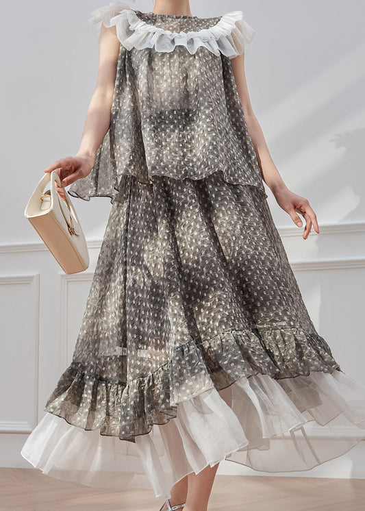 Natural Grey Dot Patchwork Shirt And Maxi Skirts Two Piece Set Summer