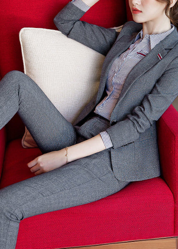 Natural Grey Notched Patchwork Blazer And Crop Straight Pants Two Pieces Set Long Sleeve
