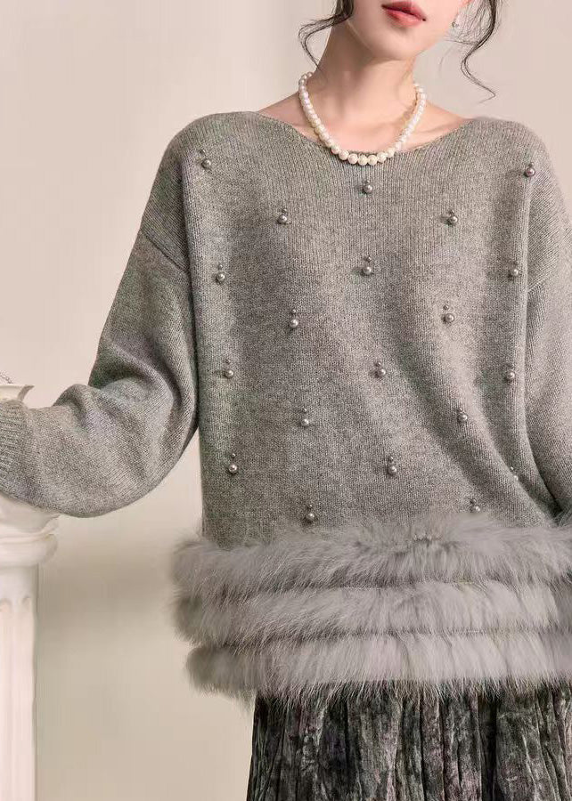Natural Grey Patchwork Nail Bead Fuzzy Fur Fluffy Cotton Knit Sweater Spring