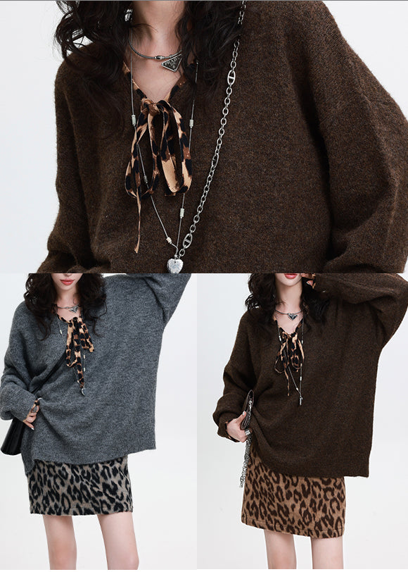 Natural Grey V Neck Oversized Knit Sweaters Winter