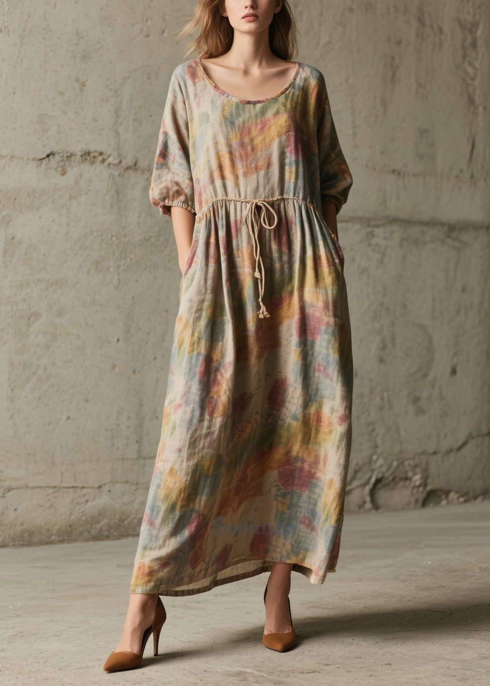 Natural Khaki Cinched Print Cotton Robe Dresses Half Sleeve
