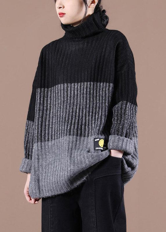 Natural Khaki Colorblock High neck Fall Knit Sweater - SooLinen