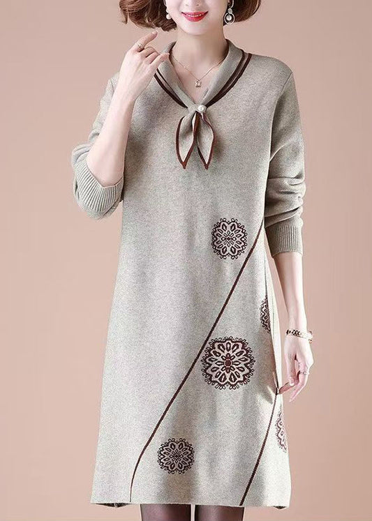 Natural Khaki Peter Pan Collar Cotton Knit Long weater Dress Spring