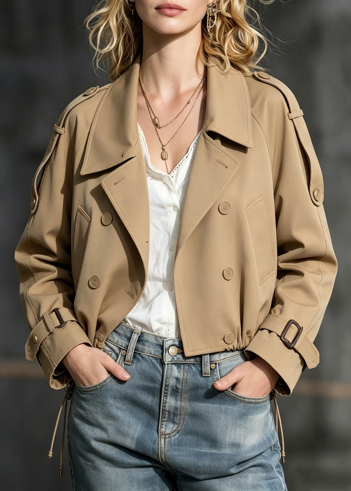 Natural Khaki Peter Pan Collar Patchwork Trench Coat Long Sleeve