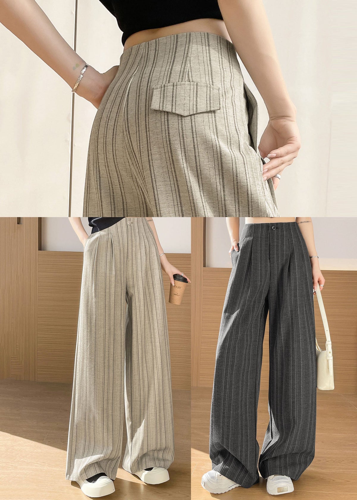 Natural Khaki Striped Draping Cotton Wide Leg Pants Fall