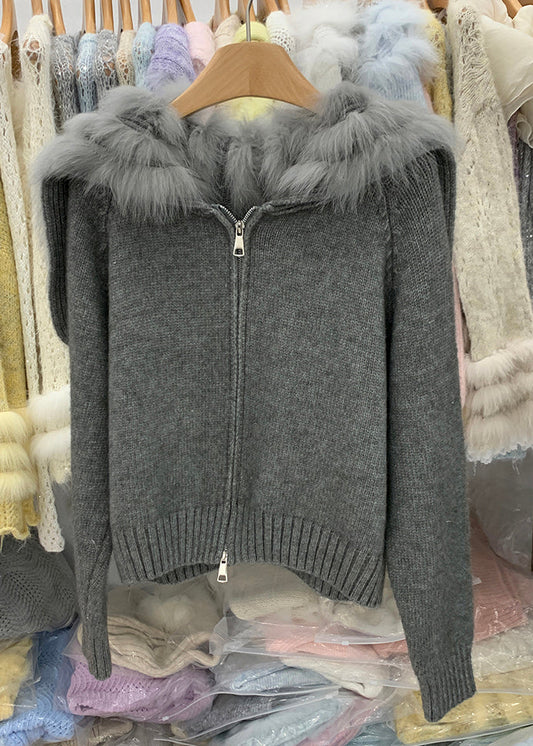 Natural Light Blue Fox Collar Zippered Patchwork Cotton Knit Cardigans Winter