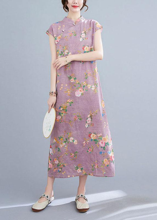 Natural Light Purple Print Button Oriental Mid Dress Summer Cotton Dress - SooLinen