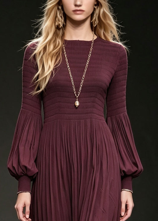 Natural Mulberry O-Neck Wrinkled Cotton Long Dress Lantern Sleeve