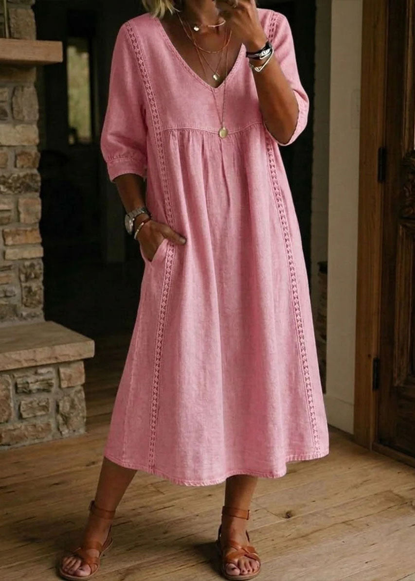 Natural Navy V Neck Patchwork Denim Long Dresses Summer