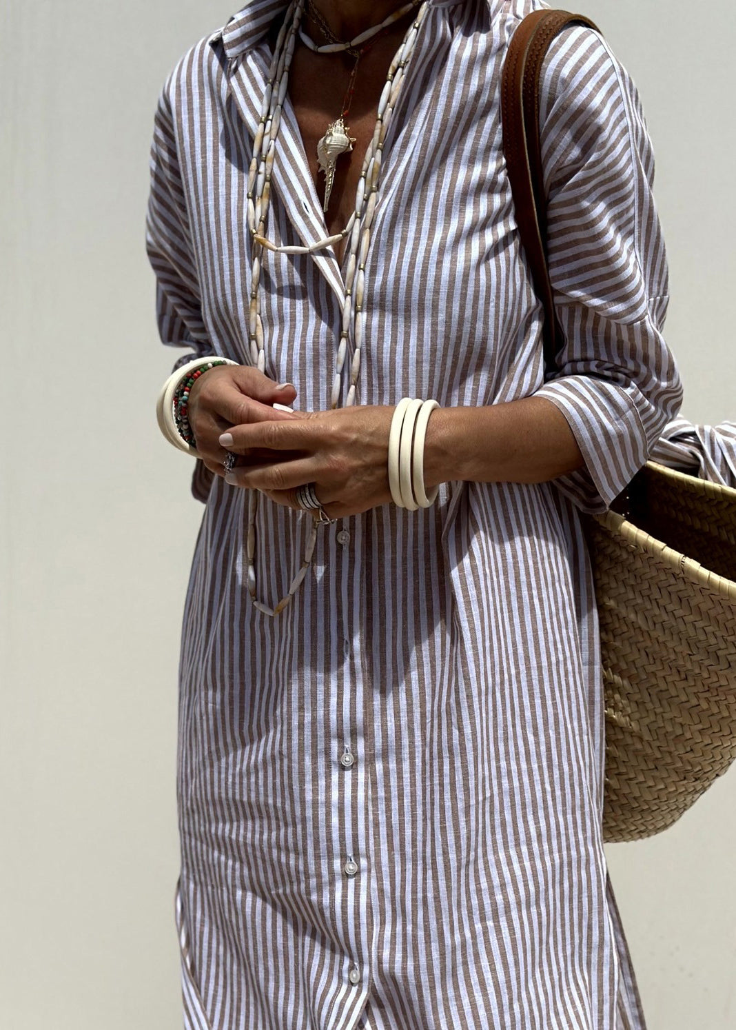 Natural Pink Peter Pan Collar Striped Side Open Button Maxi Dresses Fall